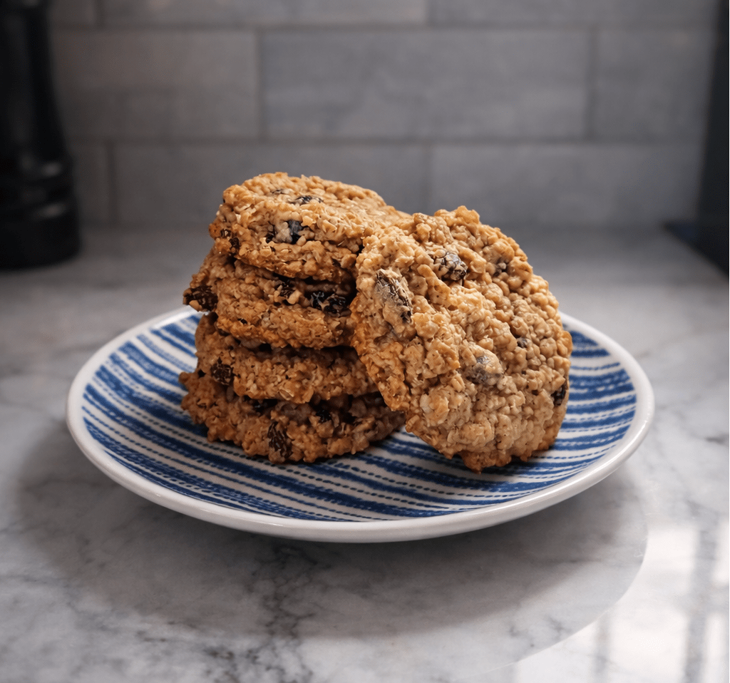 Stack of oatmeal raisin cookies on a blue striped plate, homemade and chewy texture.